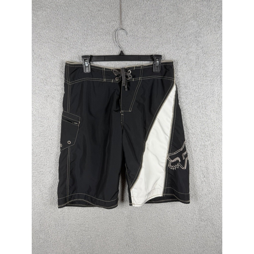 Vintage Y2K Fox Racing Men's Board Shorts Size 32 Black White Surf Swim Trunks
